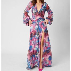 NWT ADRIENNE LANDAU Watercolor Long Blouson Sleeve V-Neck High Slit Dress Size 2